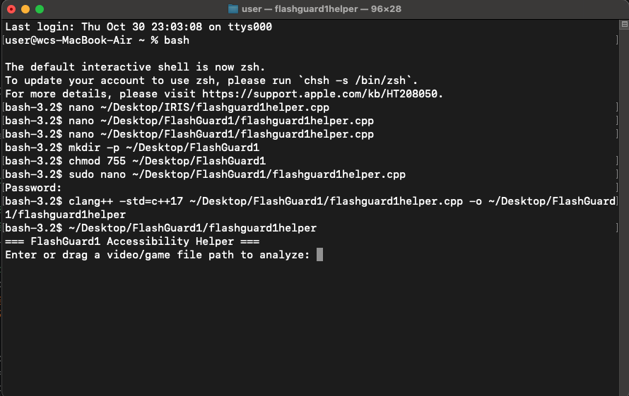 Example of terminal showing the file path being pasted for analysis.