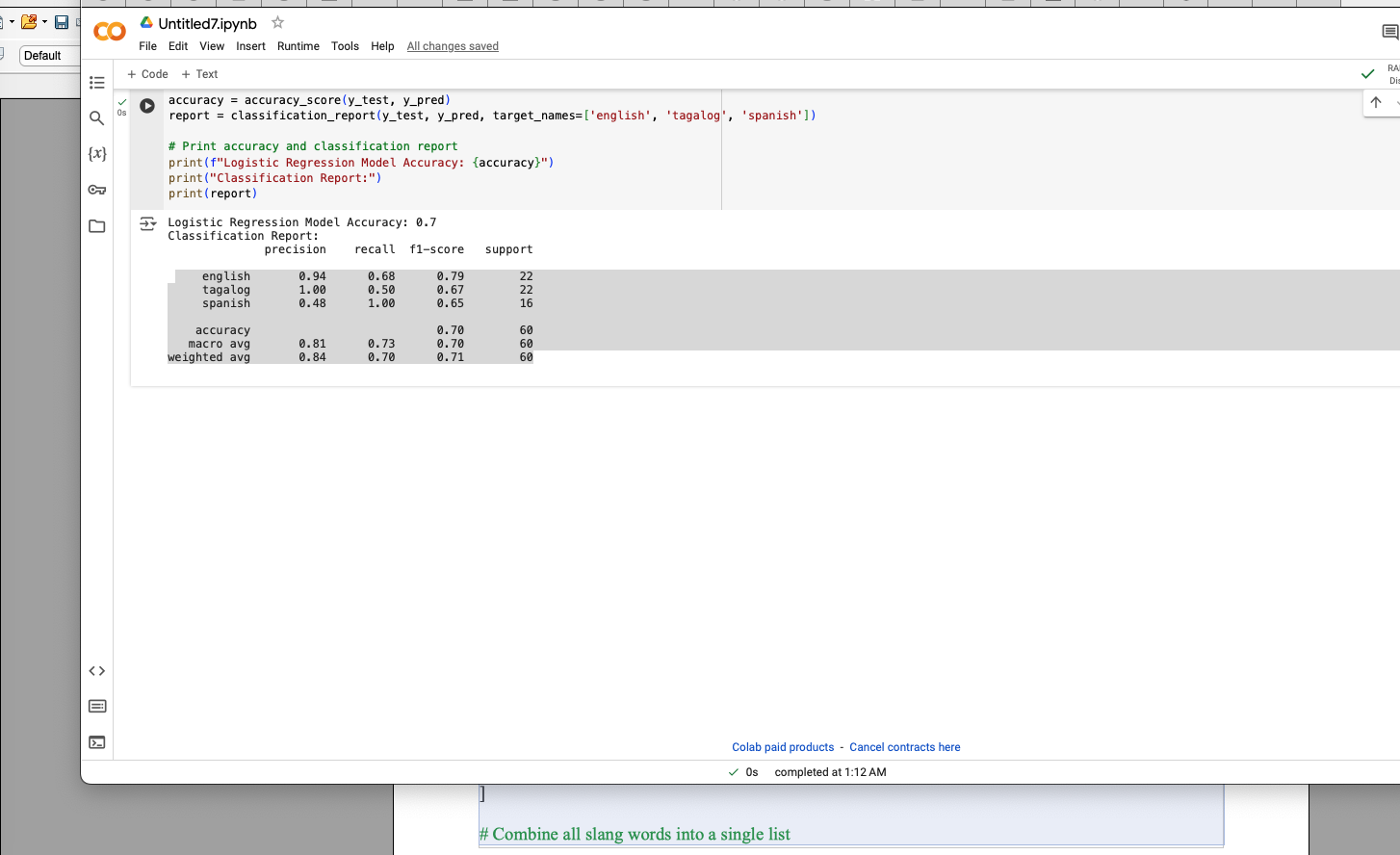 Python script output showing model training metrics