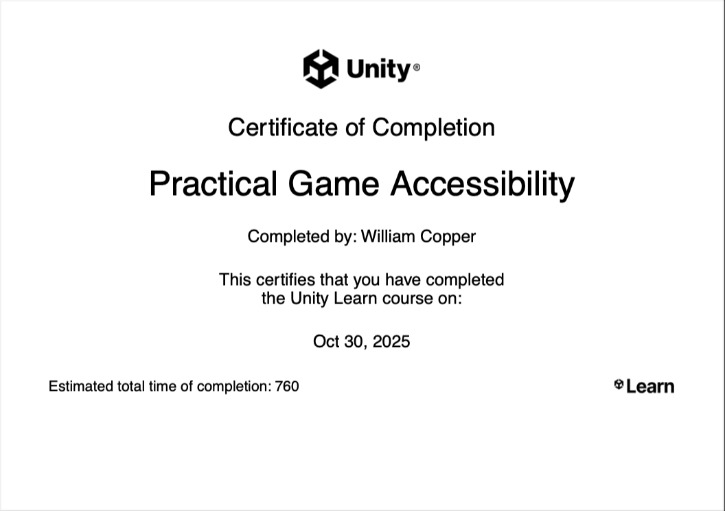 Unity: Practical Game Accessibility Course Certificate
